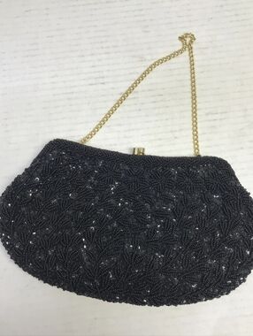 Stylecraft Miami Black Beaded Evening Clutch with Gold Chain